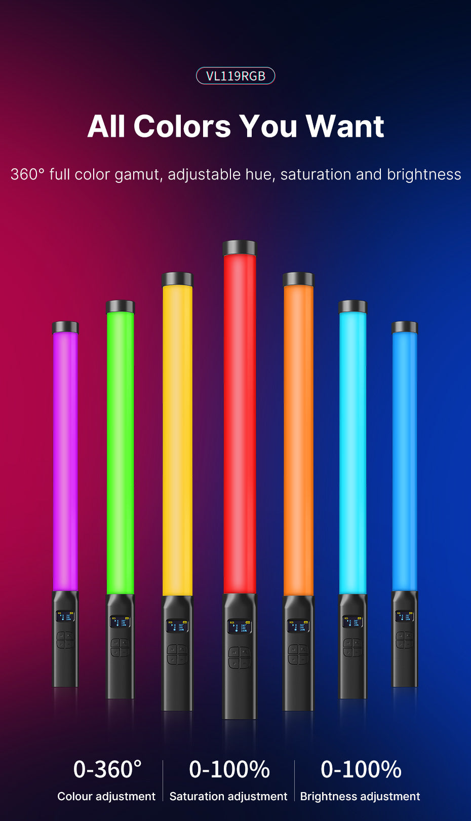 Ulanzi VL119 RGB Tube Light XL met handvat