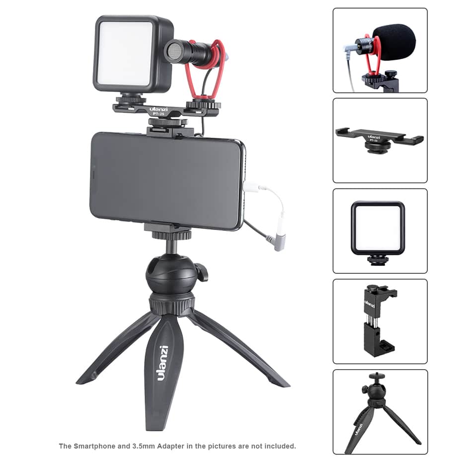 Ulanzi Smartphone vlog KIT EXTRA: mini-statief, telefoonhouder, dual cold shoe-mount, microfoon & LED-lamp