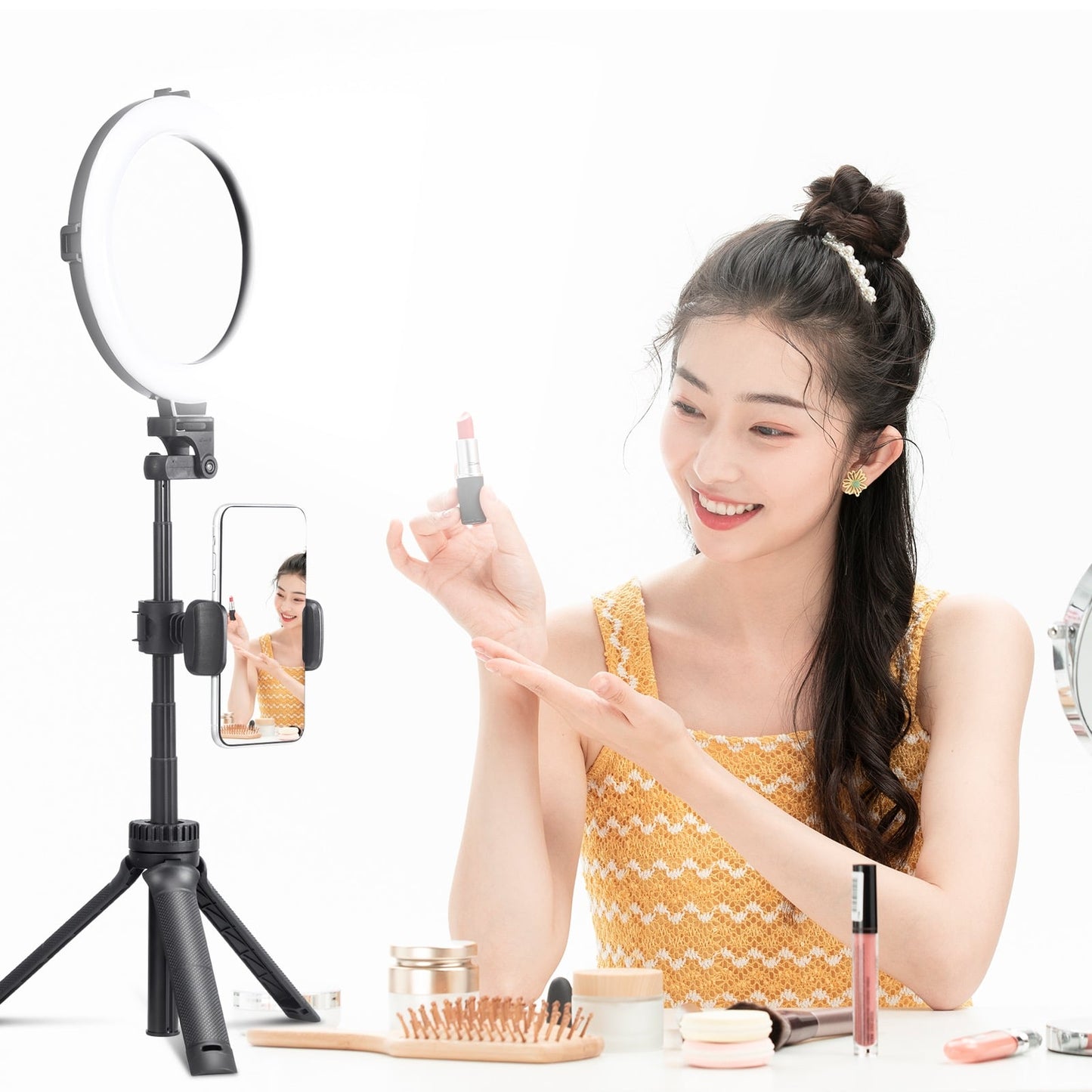 Lampe annulaire VIJIM avec trépied, support de téléphone et télécommande Bluetooth