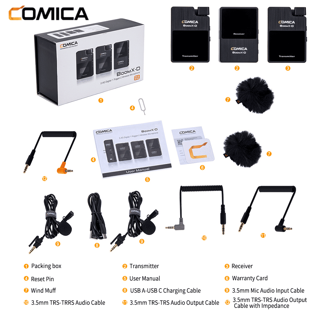 Comica BoomX-D D2 draadloze microfoon-set met 2 zender en ontvanger voor camera en smartphone - Draadloze microfoons