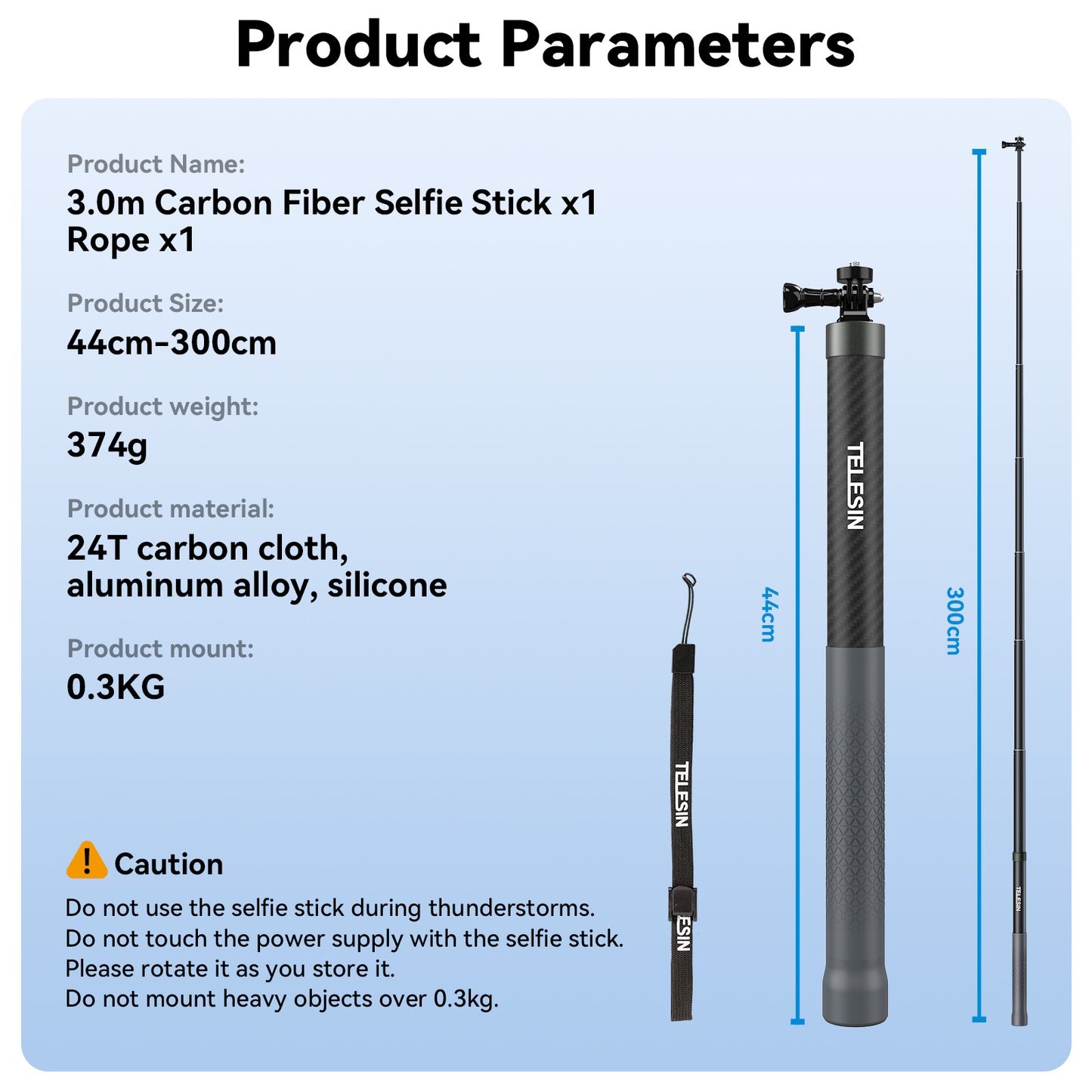 Telesin 3 meter Premium Selfie Stick for GoPro - Carbon