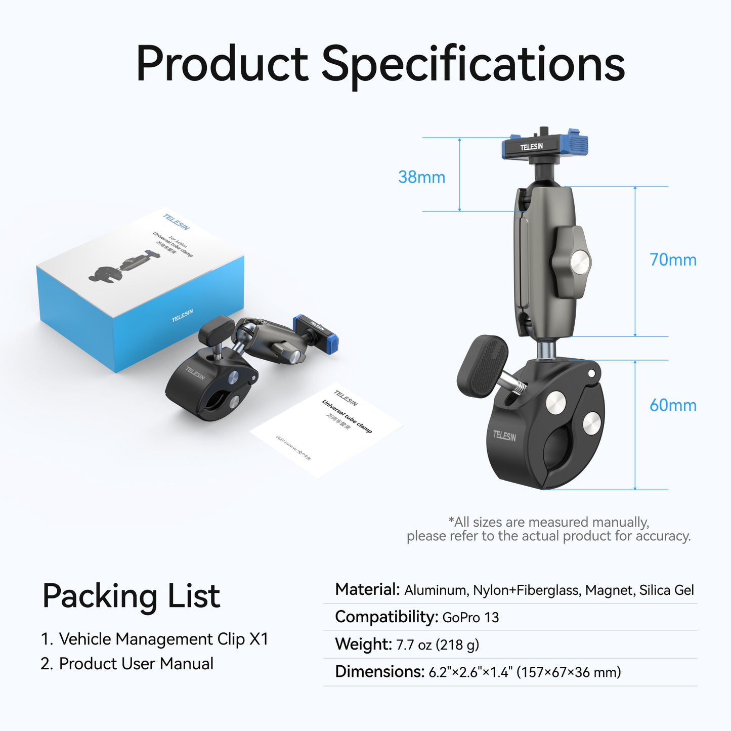 Telesin Tube Clamp voor GoPro 13 - Grijs - GoPro Mounts