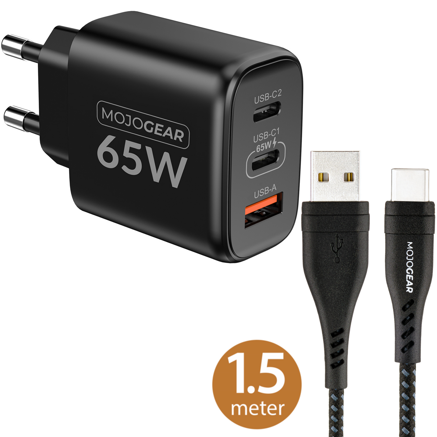 MOJOGEAR CHARGE+ 65W snellader met USB naar USB-C kabel 1,5 meter | Geschikt voor Samsung/Oppo/Huawei/Xiaomi/iPhone 15/16