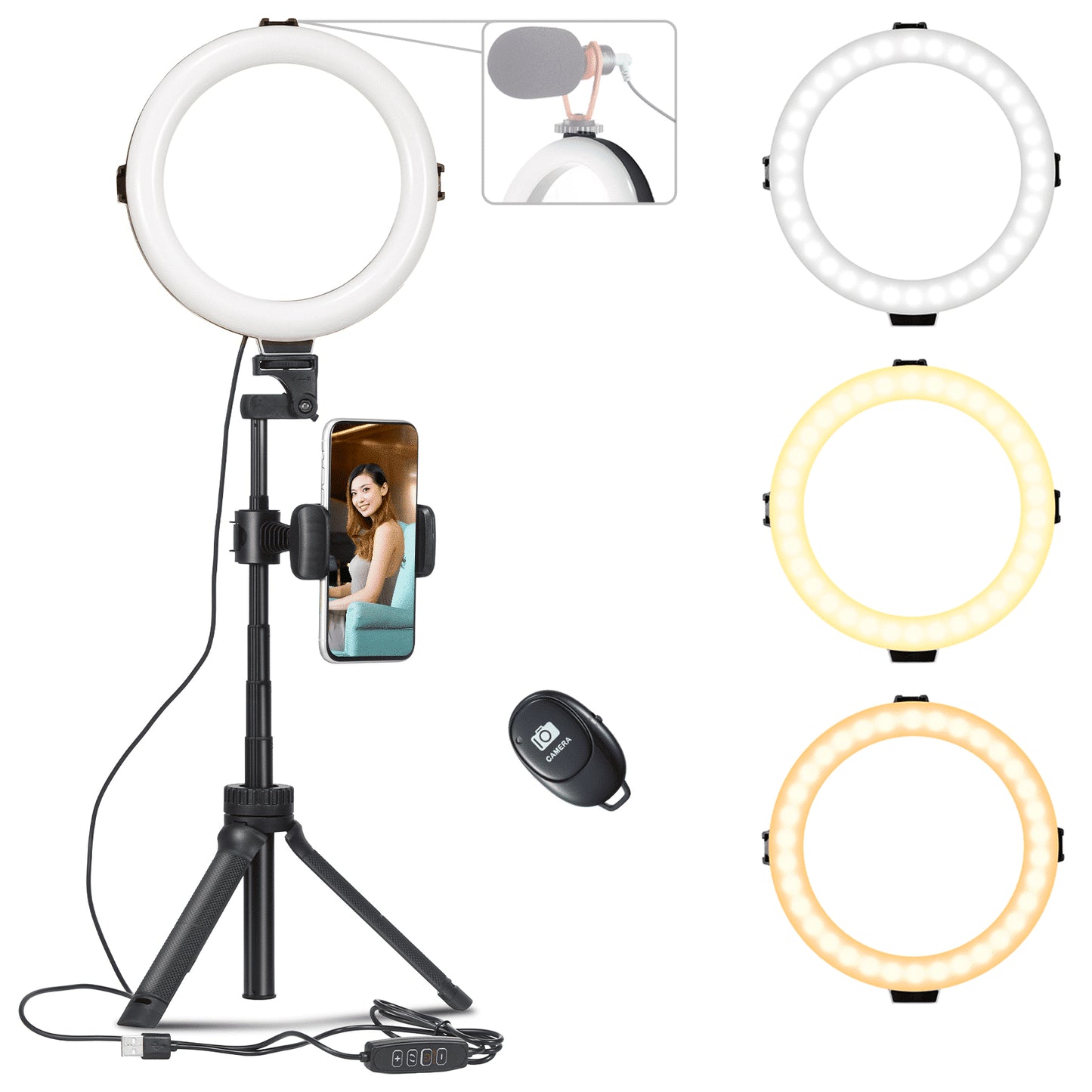 VIJIM Ring lamp with tripod, phone holder and bluetooth remote control