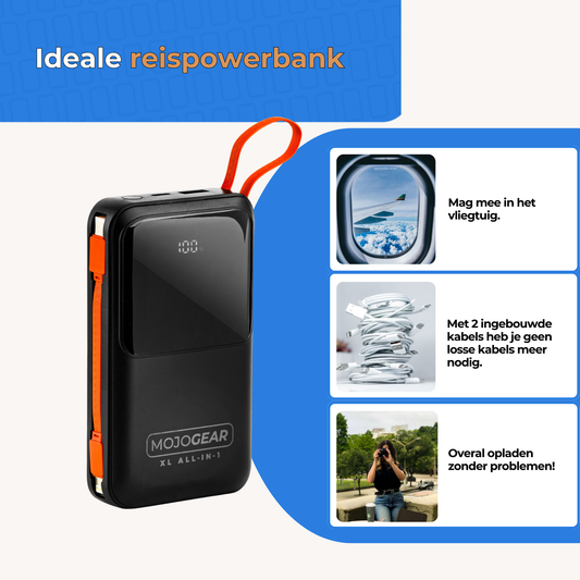 MOJOGEAR XL ALL-IN-1 Powerbank 20.000 mAh met ingebouwde Lightning en USB-C kabels - Powerbanks