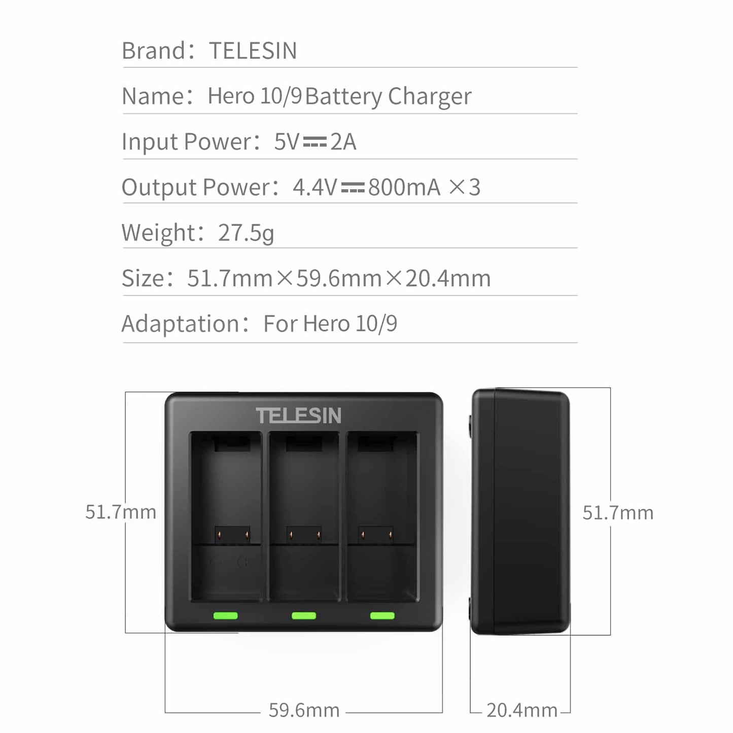 Telesin Triple Batterij Oplader voor GoPro 9, GoPro 10, GoPro 11 & GoPro 12