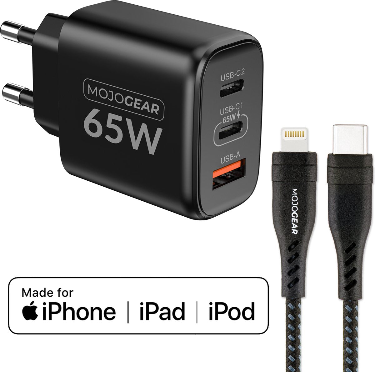 MOJOGEAR CHARGE+ 65W fast charger for iPhone &amp; iPad with Lightning to USB-C cable 1.5 meters