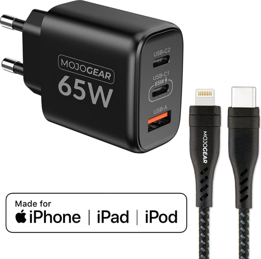 MOJOGEAR CHARGE+ 65W snellader voor iPhone & iPad met Lightning naar USB-C kabel 1,5 meter | iPhone snellader - Opladers