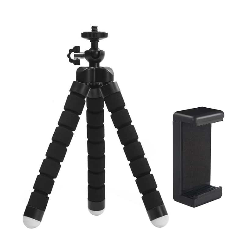 Flexibel mini-statief met schuimrubber poten KIT: incl. telefoonhouder, bluetooth remote, GoPro-adapter & opbergzakje - Flexibele statieven