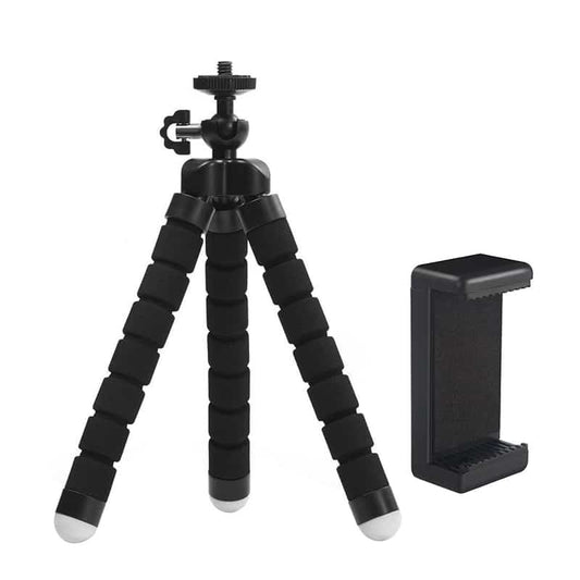 Flexibel mini-statief met schuimrubber poten KIT: incl. telefoonhouder, bluetooth remote, GoPro-adapter & opbergzakje - Flexibele statieven