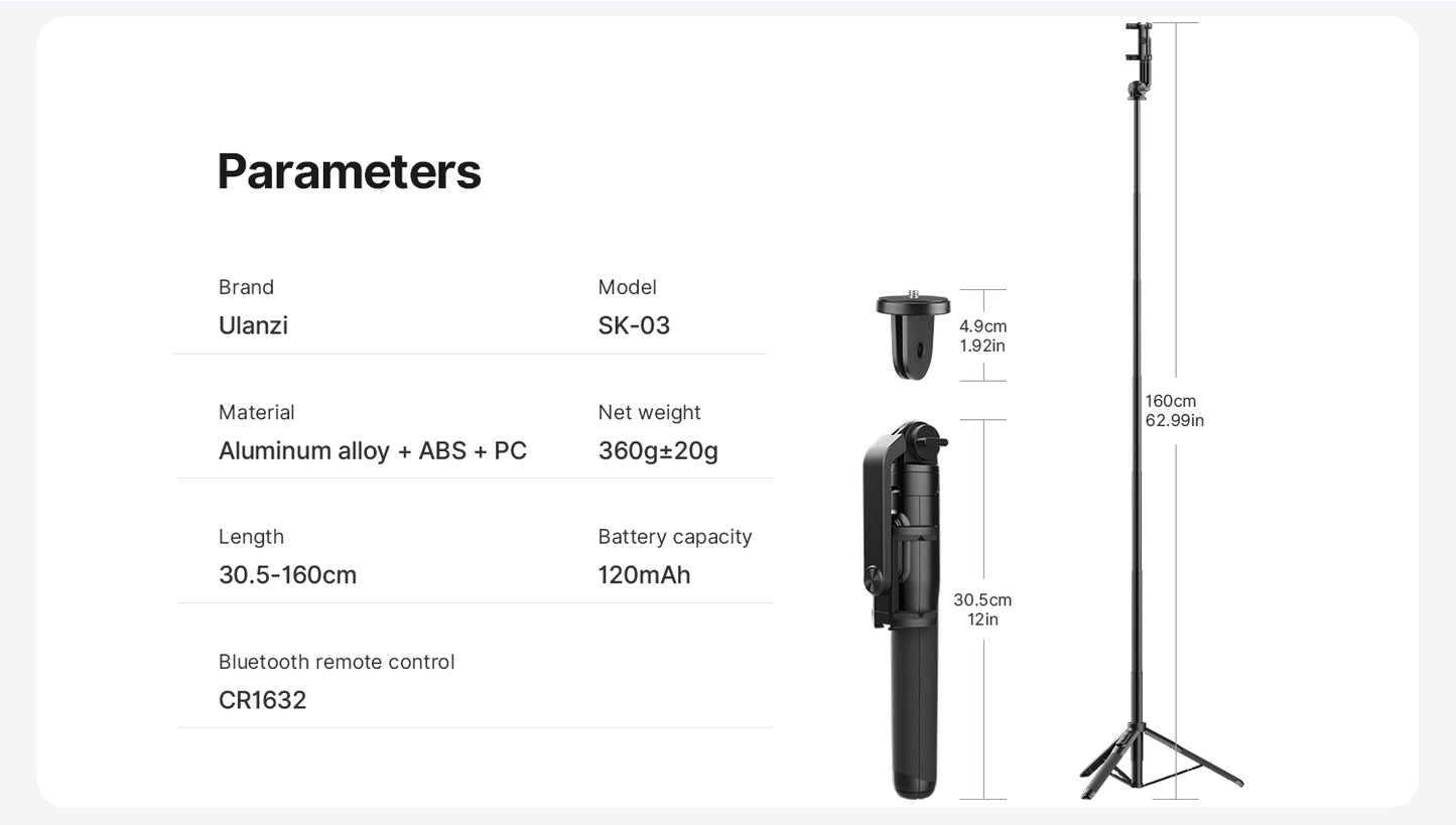 Ulanzi SK-03 Selfie Stick Statief 1,6m met Bluetooth remote shutter - Selfiesticks