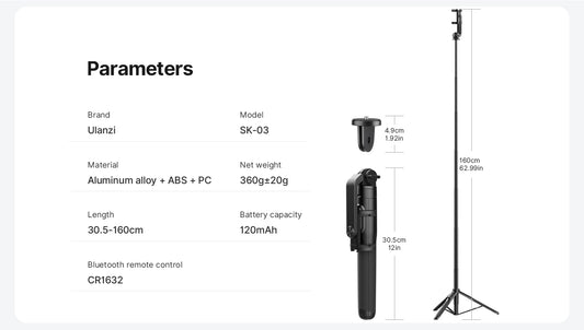 Ulanzi SK-03 Selfie Stick Statief 160 cm met klem en Bluetooth remote - Selfiesticks