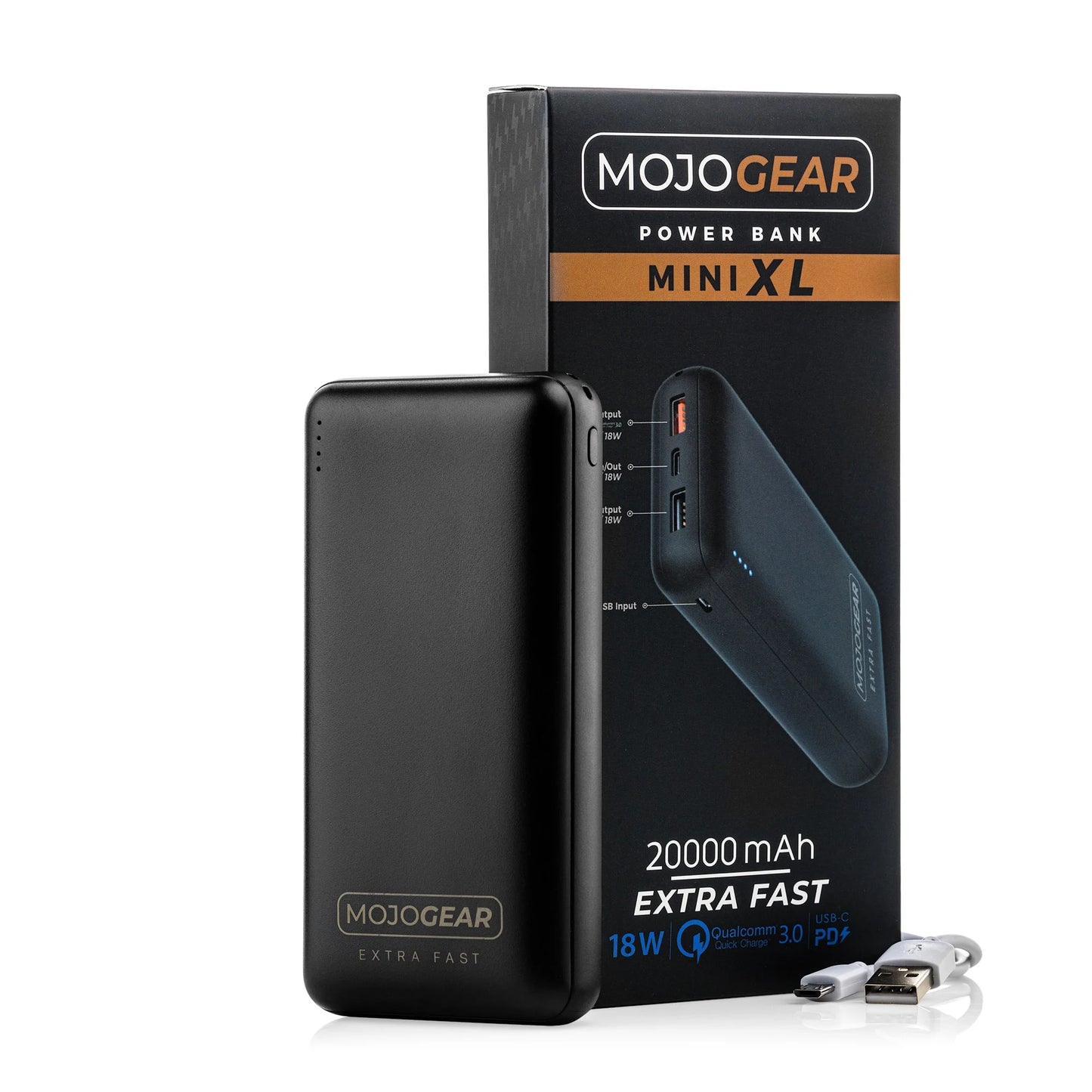 MOJOGEAR Fast Charging set for iPhone and iPad: 20.000 mAh Extra Fast power bank + Lightning to USB-C cable