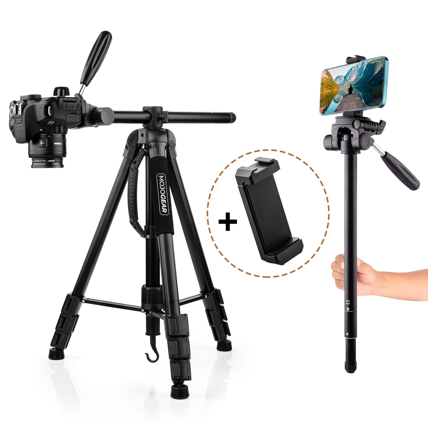 MOJOGEAR 179cm 3-in-1 camera & telefoon statief: driepoot, monopod & horizontale arm - Grote statieven