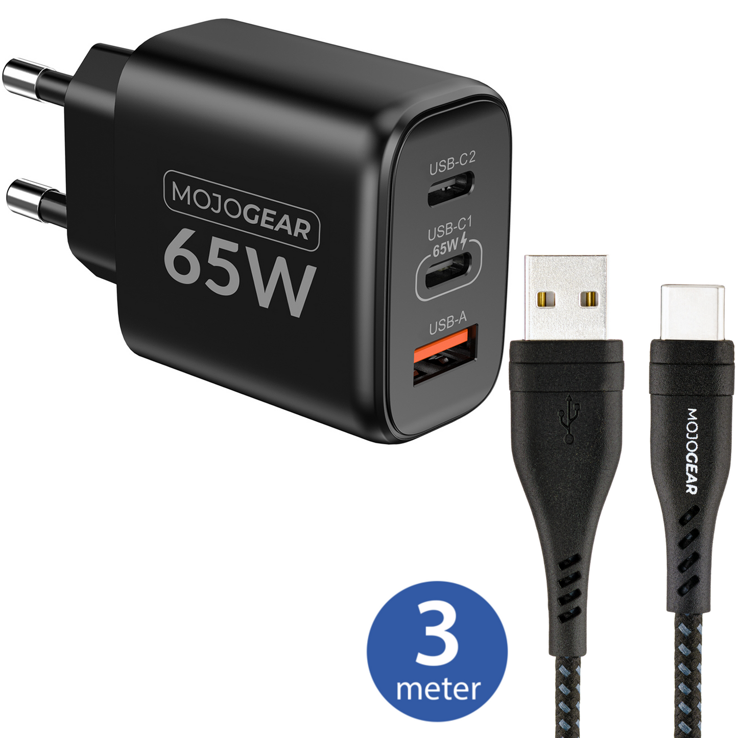 MOJOGEAR CHARGE+ 65W snellader met USB naar USB-C kabel 3 meter | Geschikt voor Samsung/Oppo/Huawei/Xiaomi/iPhone 15/16