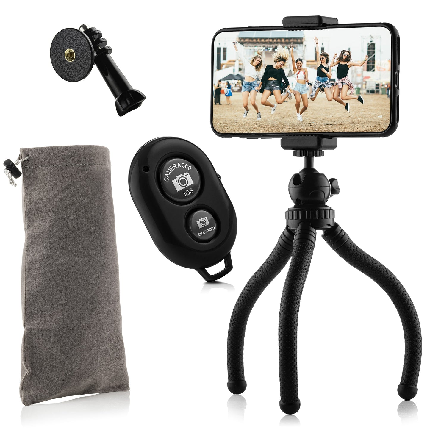 Flexibel statief met extra stevige poten KIT: incl. telefoonhouder, bluetooth remote, GoPro-adapter & opbergzakje