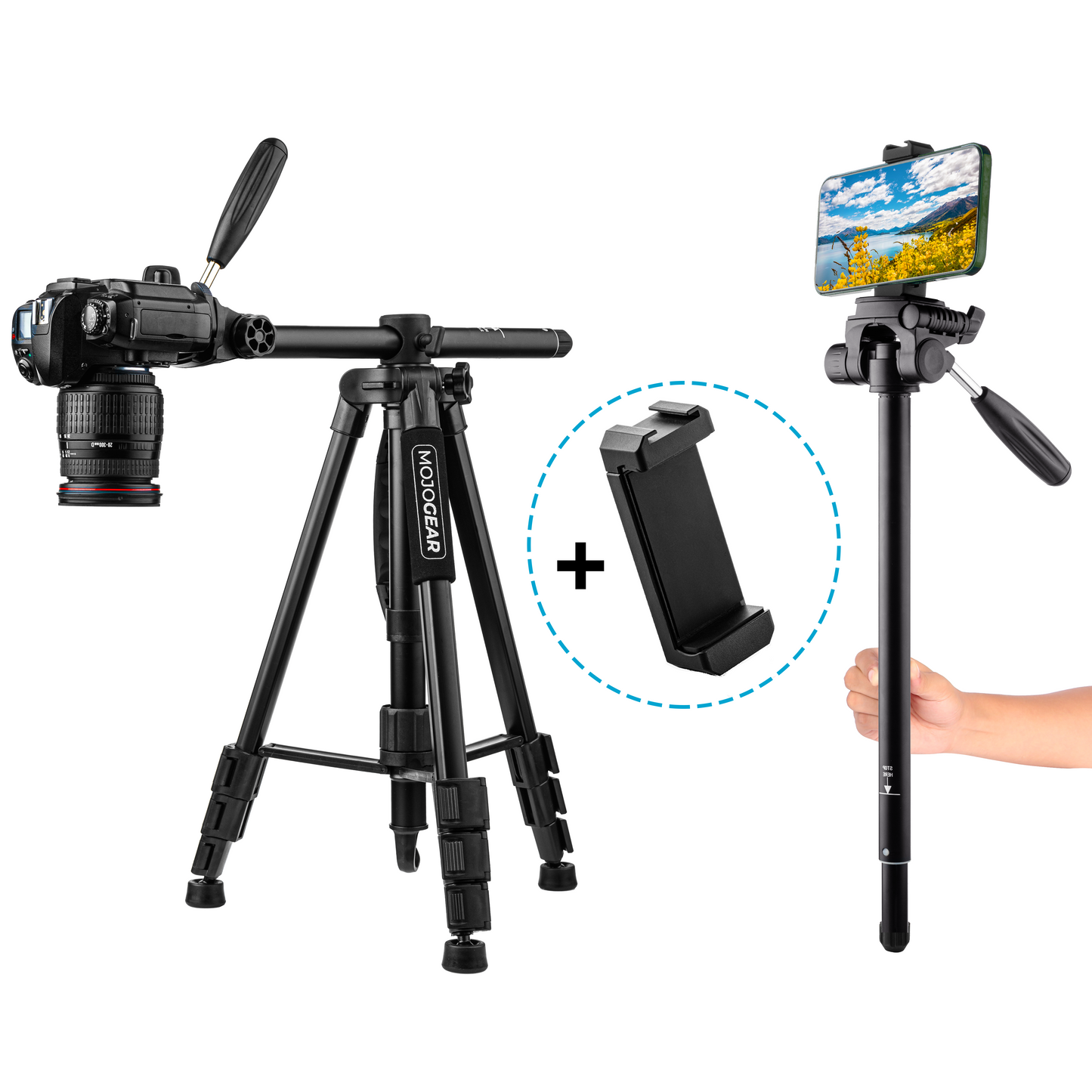 MOJOGEAR 167cm 3-in-1 statief: driepoot, monopod & horizontale arm - Grote statieven