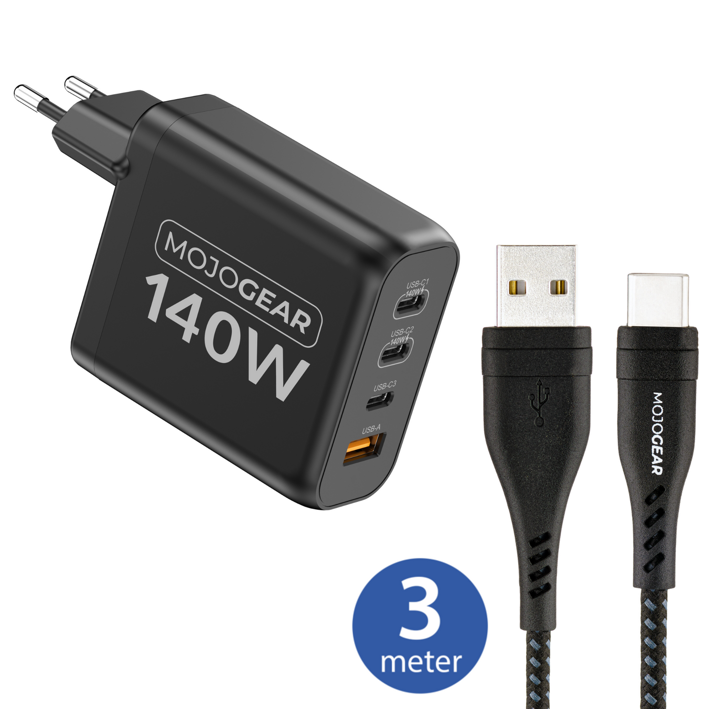 MOJOGEAR CHARGE+ 140 Watt oplader met USB naar USB-C kabel 3 meter | Geschikt voor Samsung/Oppo/Huawei/Xiaomi/iPhone 15/16