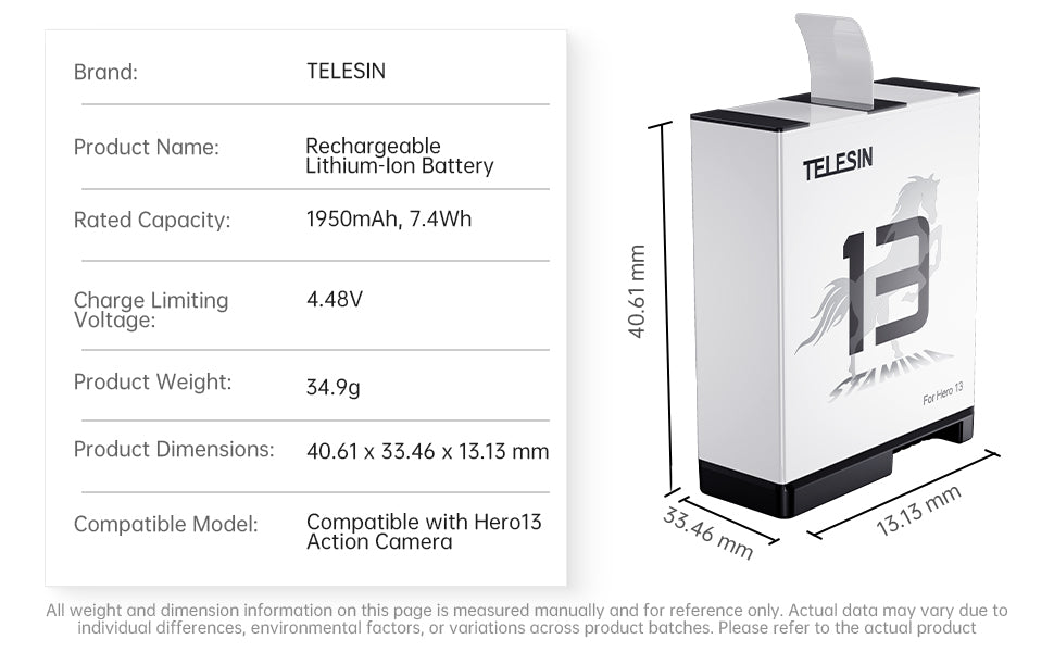 Telesin oplaadbare batterij voor GoPro 13 - 1950 mAh - GoPro Accu's en opladers