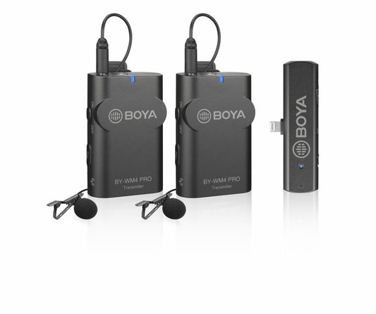 BOYA BY-WM4 Pro K4 draadloze microfoon-set met 2 zenders en Lightning-ontvanger voor iPhone