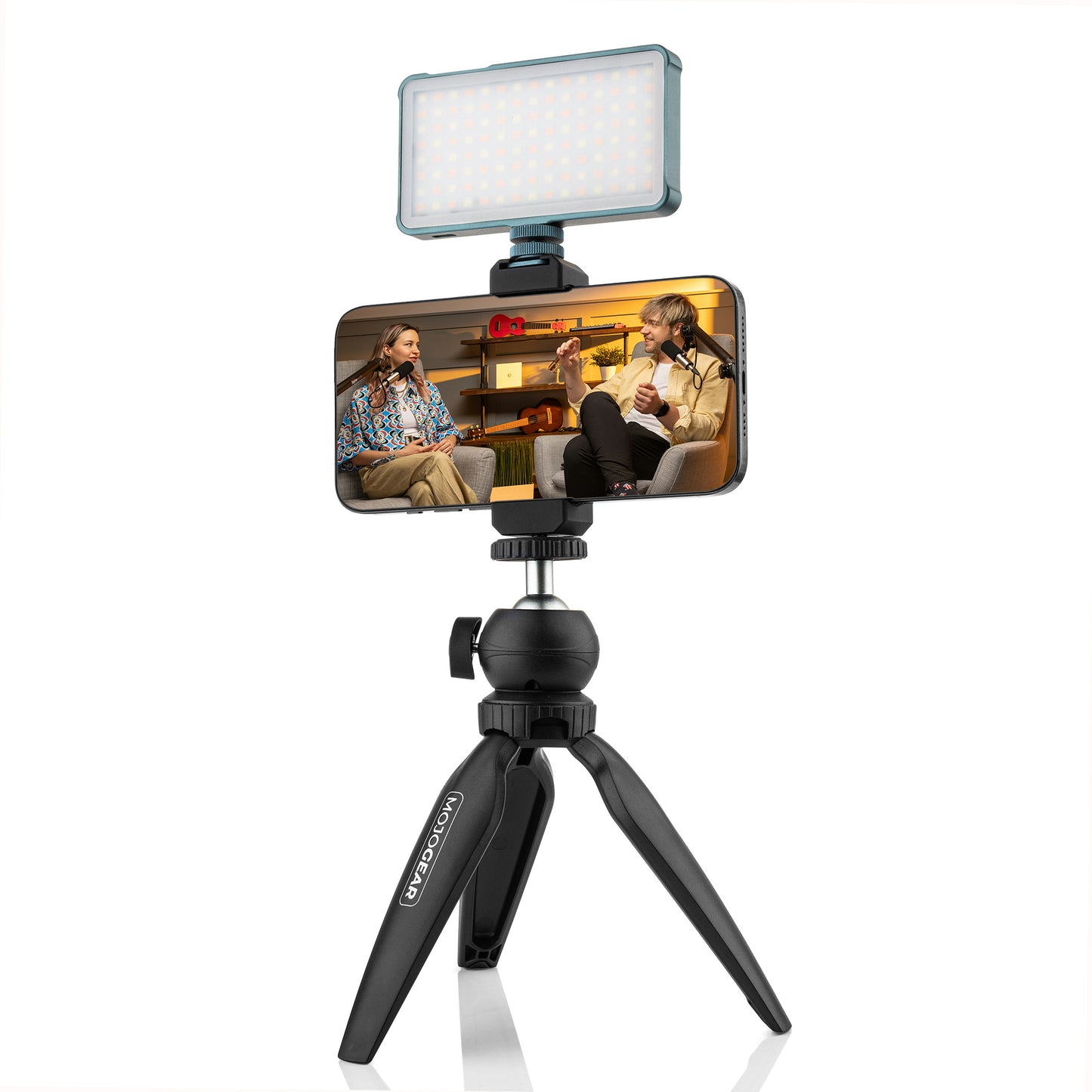 MOJOGEAR Video KIT: Mini tripod + phone holder + microphone + light