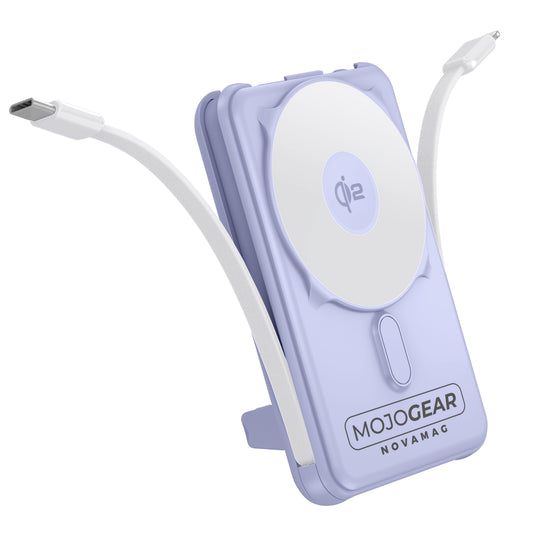 MOJOGEAR NovaMag All-in-1 Powerbank 10.000 mAh – Draadloos Qi2 & ingebouwde kabels – Paars - Powerbanks
