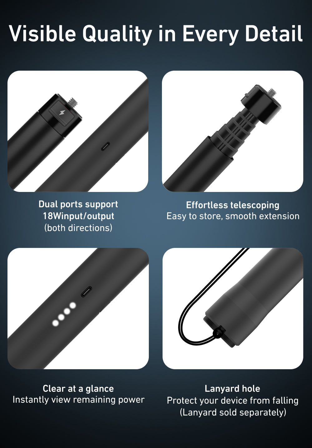 Telesin Power Selfie Stick met ingebouwde powerbank - 102cm