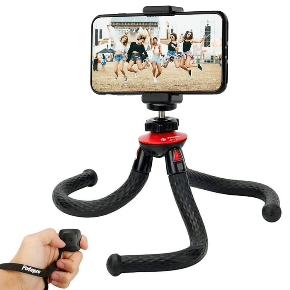 Fotopro Flexible Tripod XL with phone holder, GoPro mount adapter and bluetooth remote shutter UFO2