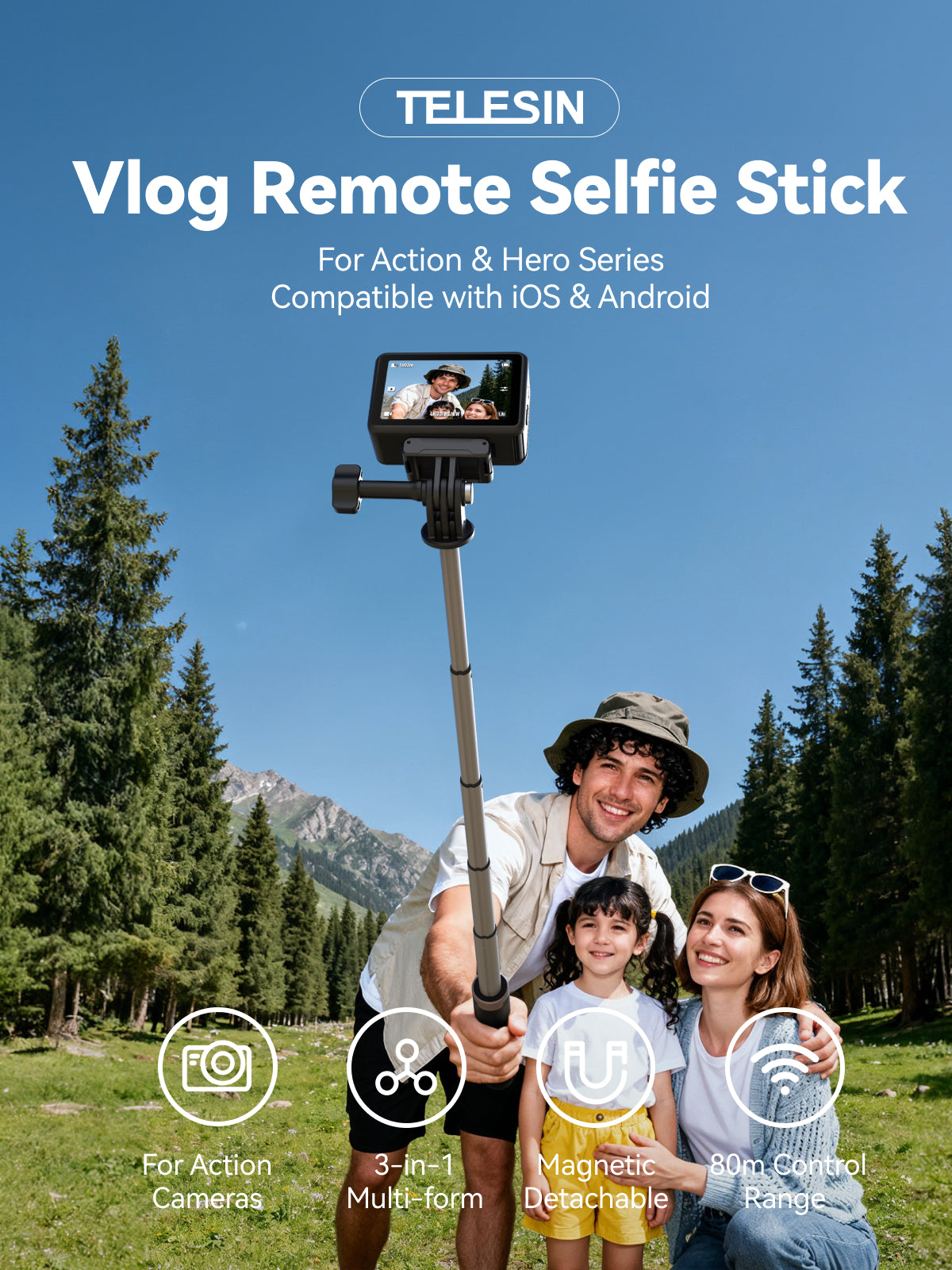 Telesin Vlog Selfie Stick voor GoPro, DJI en Smartphone - Met bluetooth remote - GoPro-accessoires