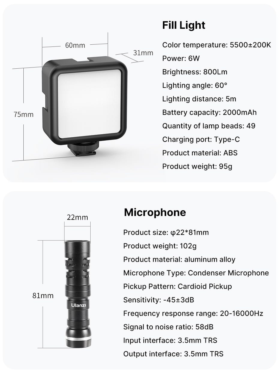 Ulanzi Octopus Vlog Kit: Flexible Tripod, Phone clamp, Microphone & Video light