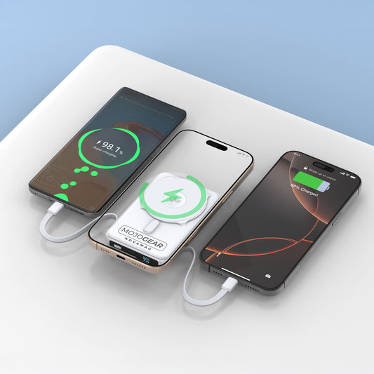 MOJOGEAR NovaMag All-in-1 Powerbank 10.000 mAh – Draadloos Qi2 & ingebouwde kabels – Wit - Powerbanks