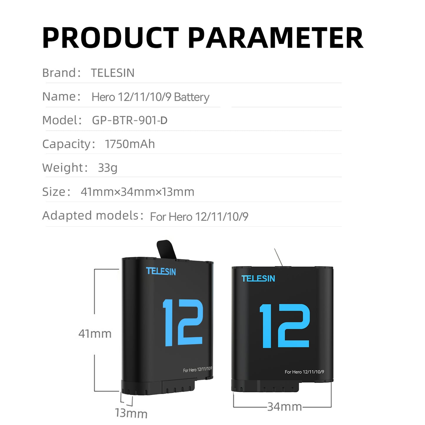 Telesin Batterij (Double Arc) voor GoPro 9 / 10 / 11 / 12 - 1720 mAh - GoPro Accu's en opladers