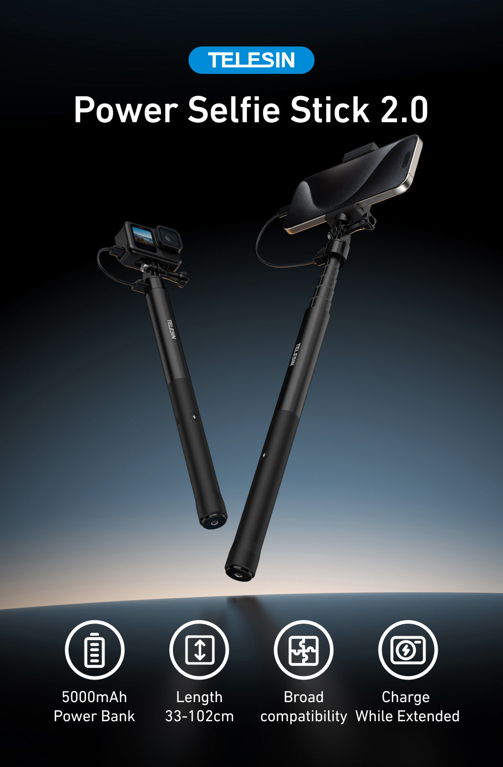 Telesin Power Selfie Stick met ingebouwde powerbank - 102cm