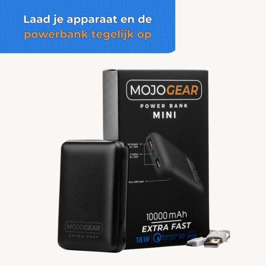 MOJOGEAR snelladen-set voor iPhone & iPad: 10.000 mAh MINI Extra Fast powerbank + Lightning naar USB-C kabel - Powerbanks