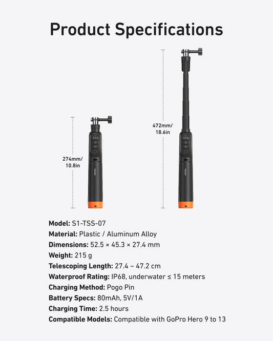 Telesin Onderwater Selfiestick Statief met remote voor GoPro -