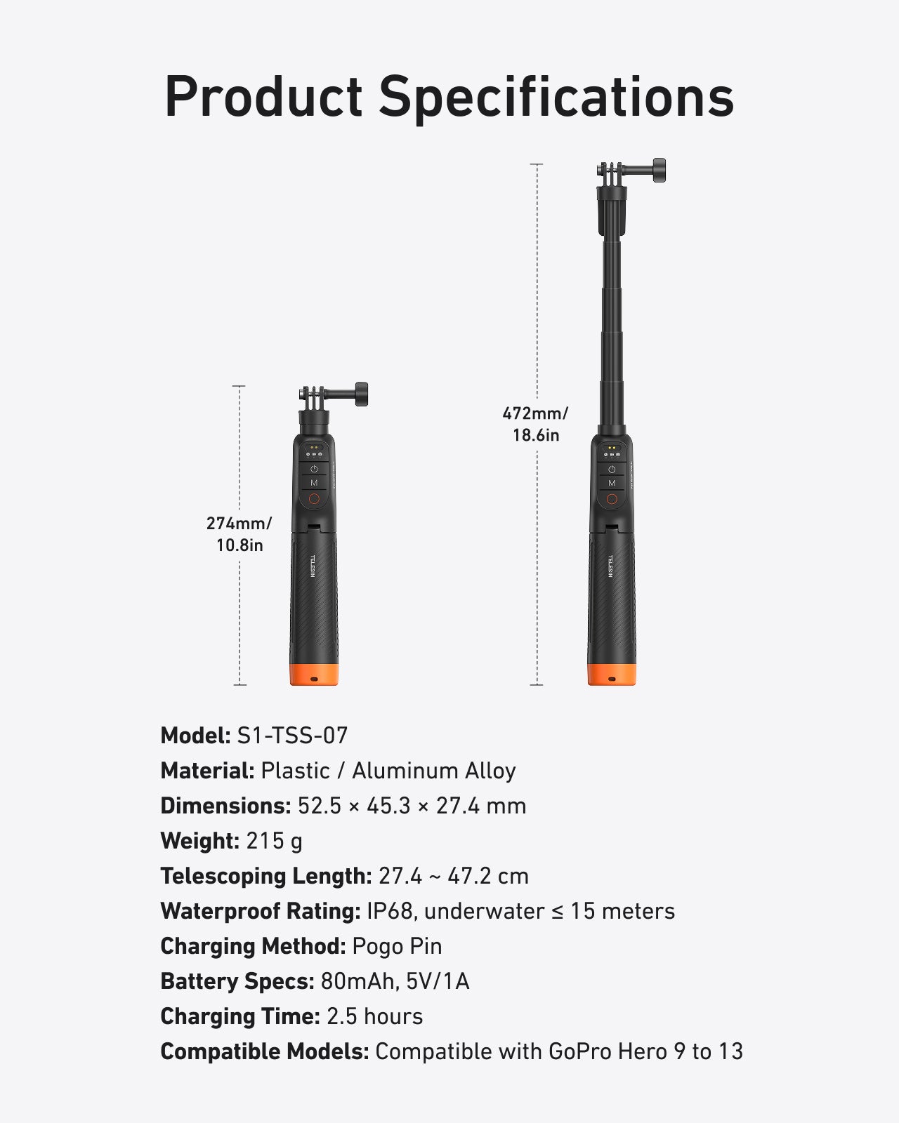 Telesin Onderwater Selfiestick Statief met remote voor GoPro -