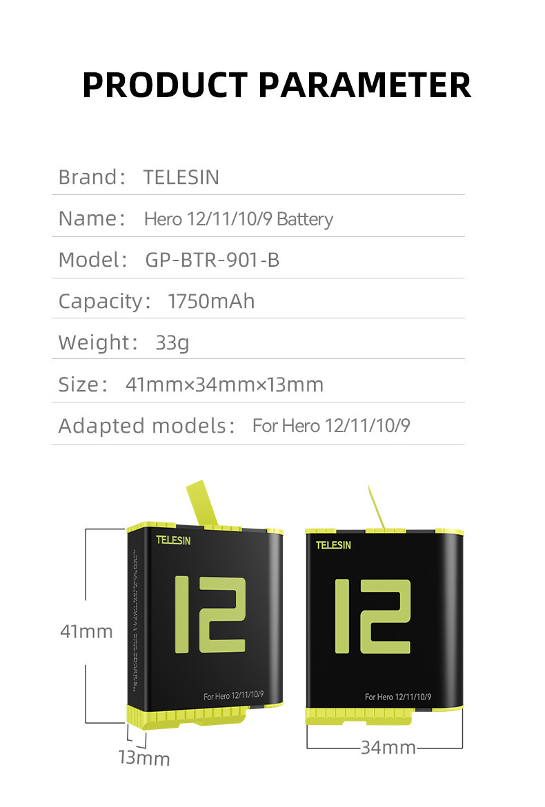 Telesin Batterij voor GoPro 9 / 10 / 11 / 12 - 1750 mAh