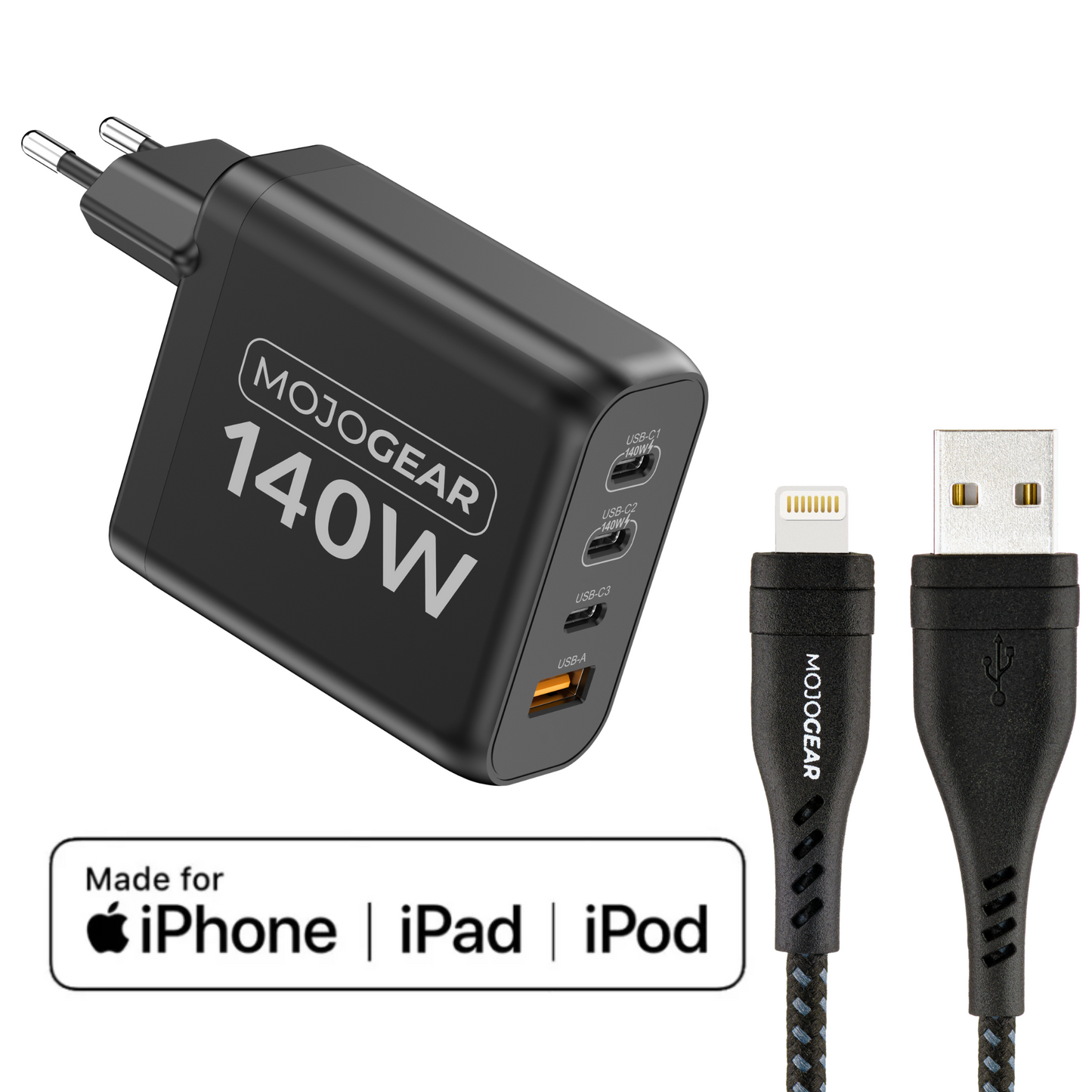 MOJOGEAR CHARGE+ 140 Watt oplader met USB naar Lightning kabel 1,5 meter | Geschikt voor iPhone 11/12/13/14 | iPhone snellader