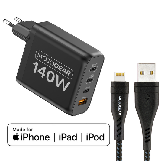 MOJOGEAR CHARGE+ 140 Watt oplader met USB naar Lightning kabel 1,5 meter | iPhone snellader - Opladers