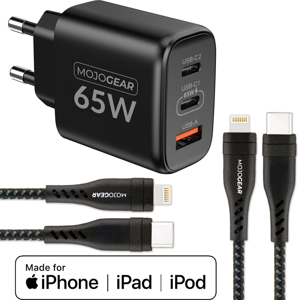 MOJOGEAR CHARGE+ 65W fast charger for iPhone &amp; iPad with 2x Lightning to USB-C cable 1.5 meters