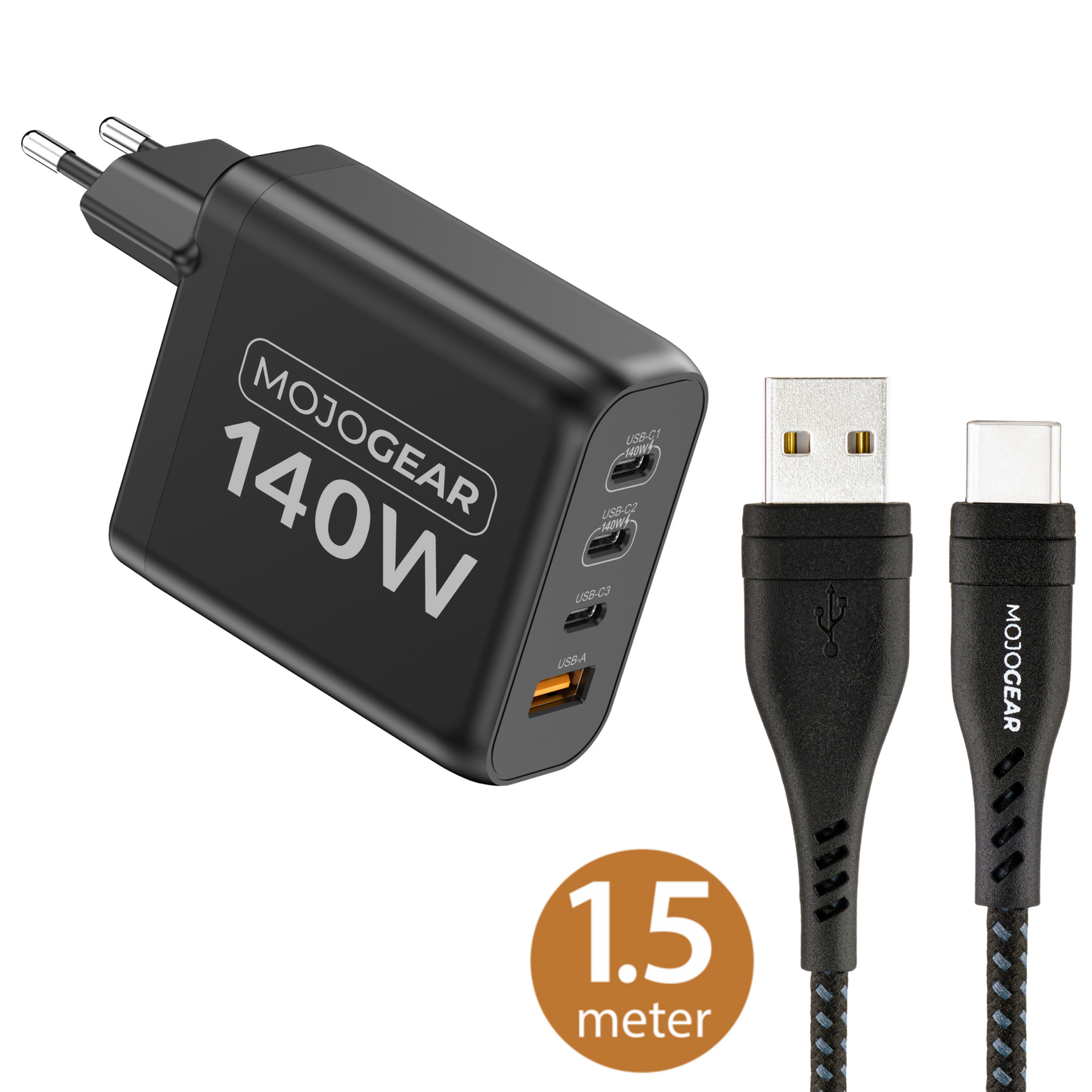 MOJOGEAR CHARGE+ 140 Watt oplader met USB naar USB-C kabel 1,5 meter | Geschikt voor Samsung/Oppo/Huawei/Xiaomi/iPhone 15/16