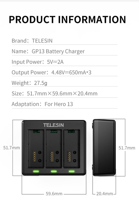 Telesin Triple batterij oplader voor 3 batterijen - GoPro Hero 13 - GoPro Accu's en opladers