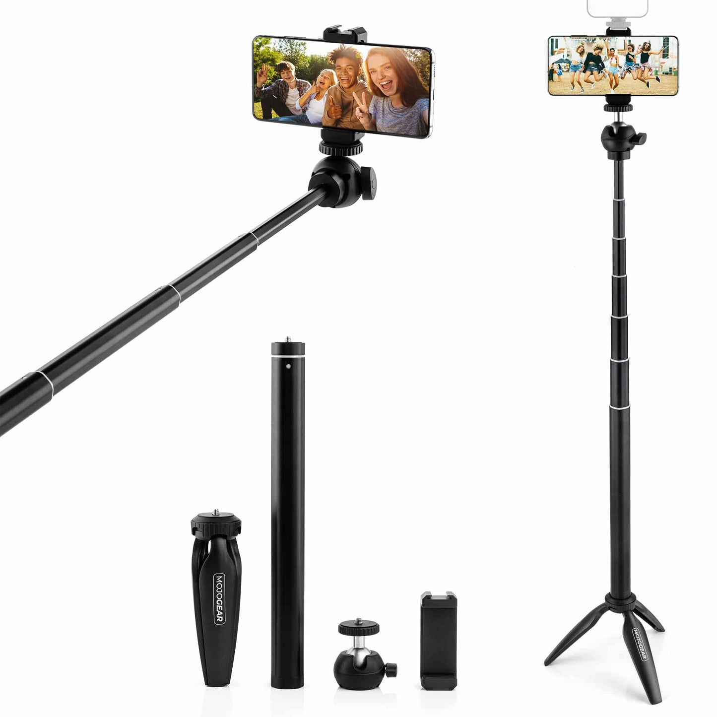 MOJOGEAR Vlog KIT: Mini Tripod, Phone Holder Extra Long Selfie Stick