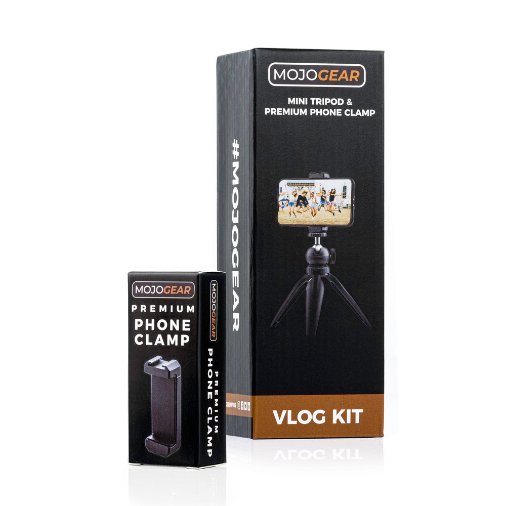 MOJOGEAR Video KIT: Mini tripod + phone holder + microphone + light
