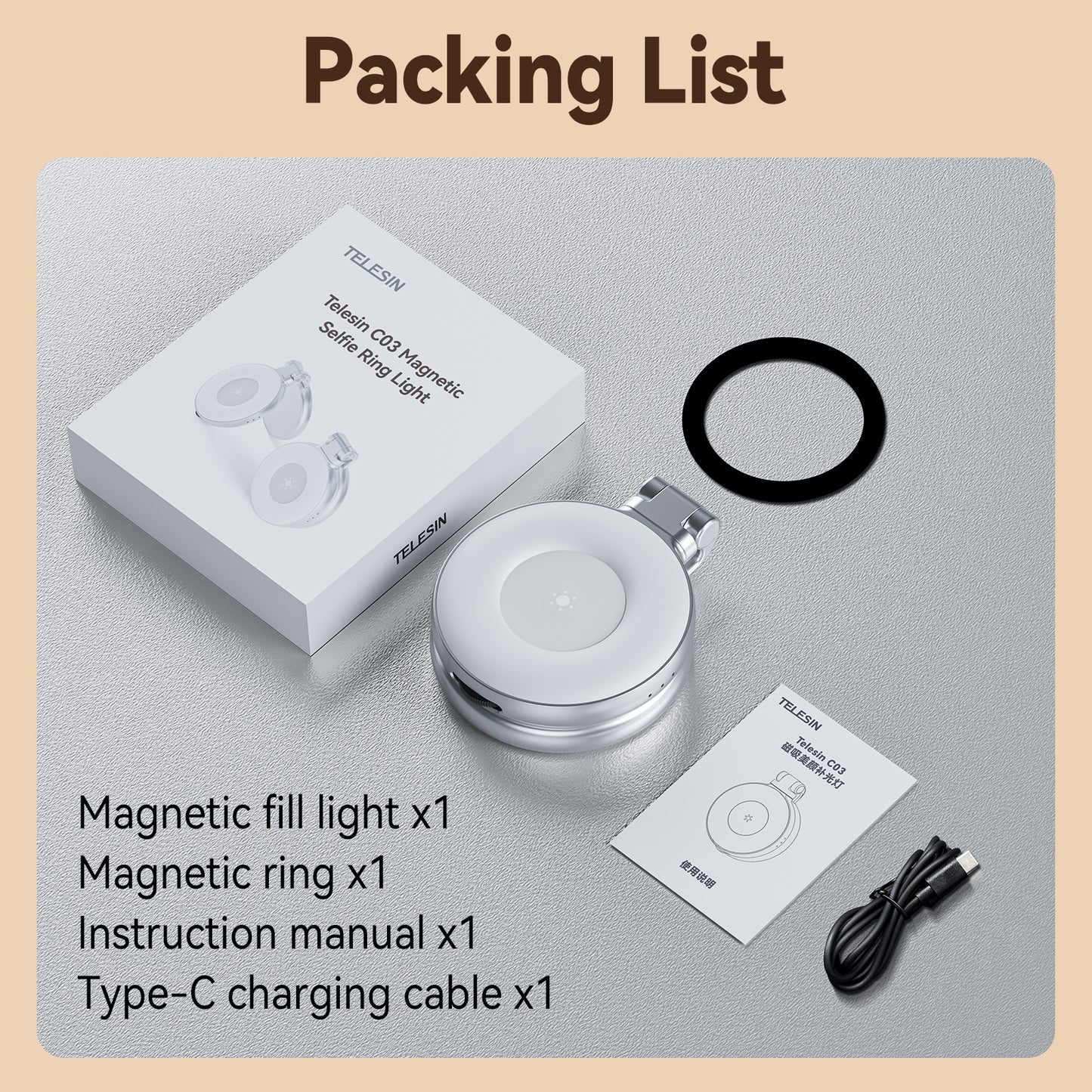 Telesin C03 MagSafe Selfie Light met spiegel – Zilver