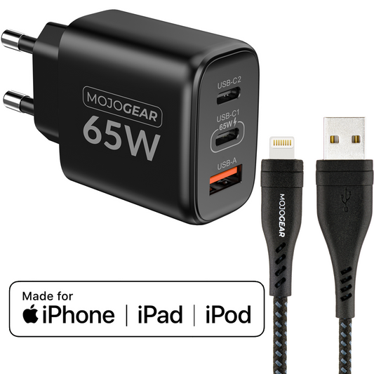 MOJOGEAR CHARGE+ 65W charger for iPhone &amp; iPad with Lightning to USB cable 1.5 meters