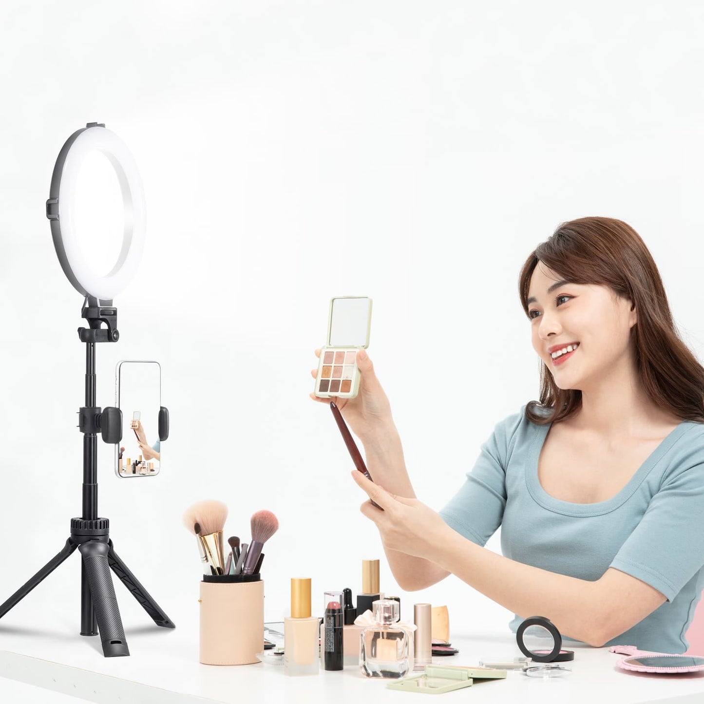 Lampe annulaire VIJIM avec trépied, support de téléphone et télécommande Bluetooth