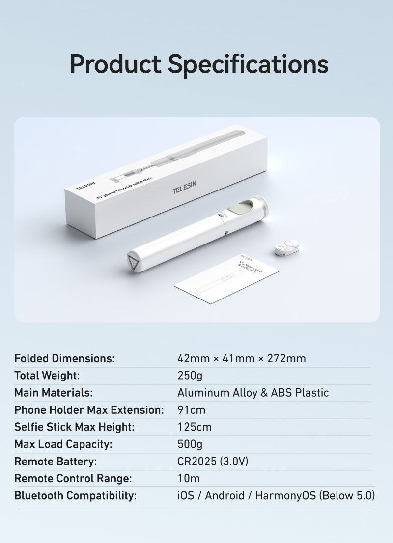 Telesin Selfiestick Statief voor smartphone met remote - Wit