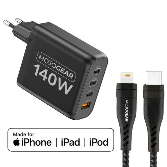 MOJOGEAR CHARGE+ 140 Watt charger with USB-C to Lightning cable 1.5 meters