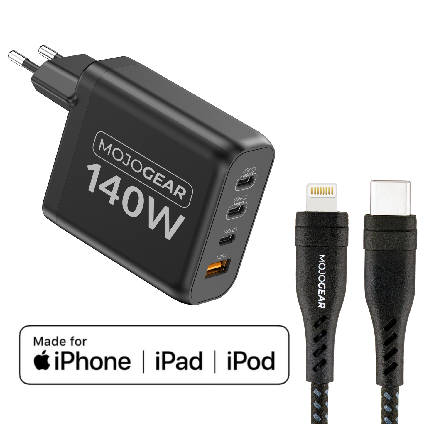 MOJOGEAR CHARGE+ 140 Watt oplader met USB-C naar Lightning kabel 1,5 meter | Geschikt voor iPhone 11/12/13/14 | iPhone snellader